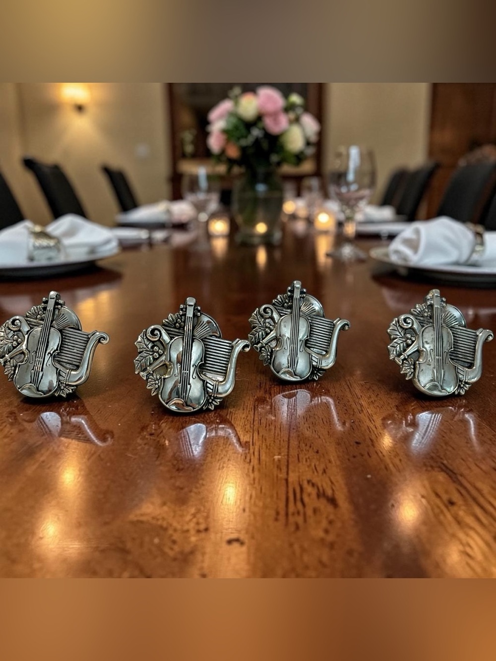 Vintage Bombay Company Violin Harp Napkin Rings Set of 4 Silver Tone Table Decor